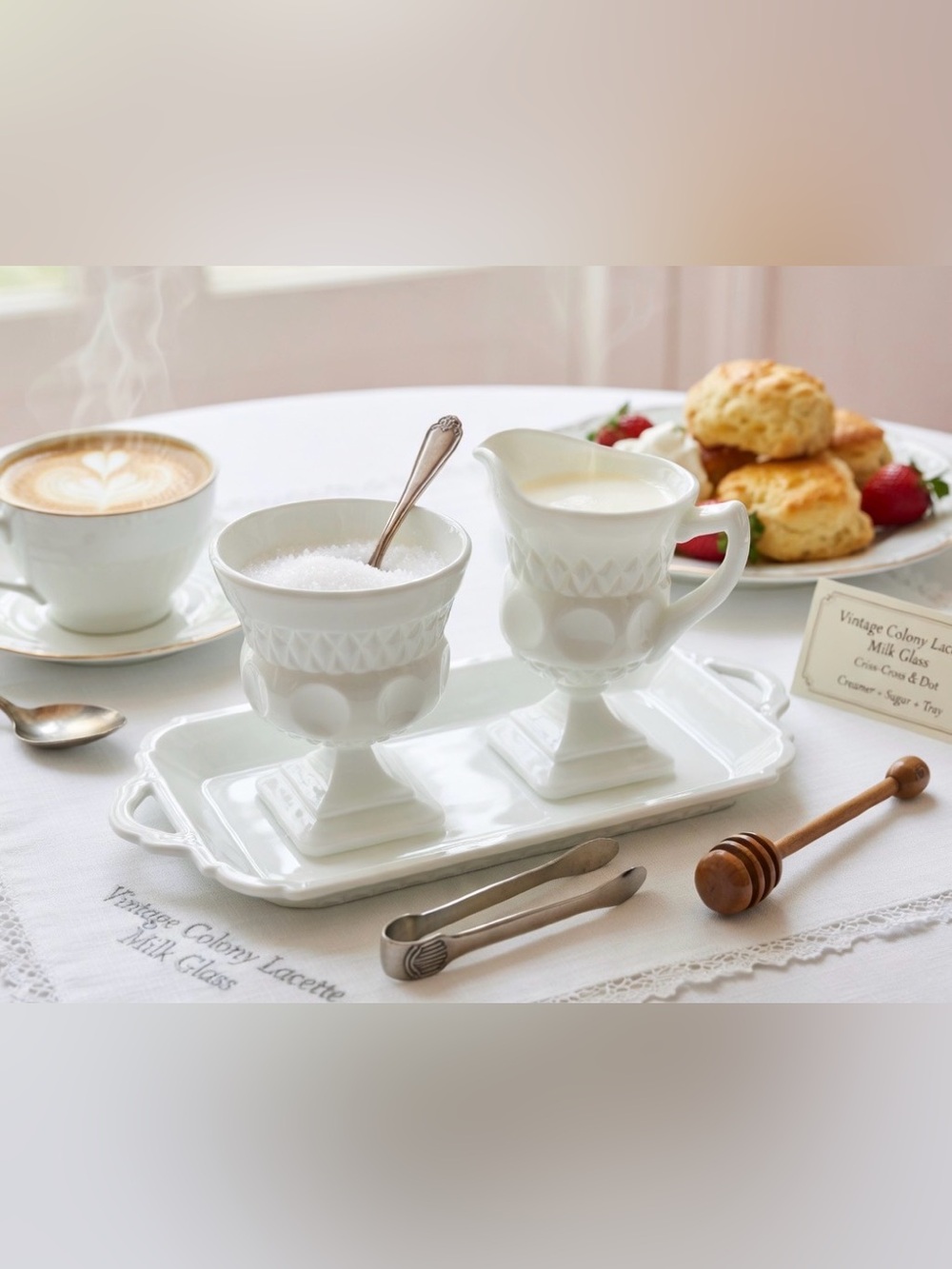 Vintage Colony Lacette Milk Glass Creamer Sugar Tray Set Criss Cross Dot